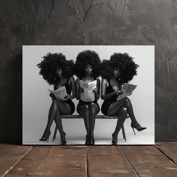 CWZBFEH Elegant Black & White African American Women Reading Newspapers Canvas Wall Art - for Living Room(60x120cm/No frame)