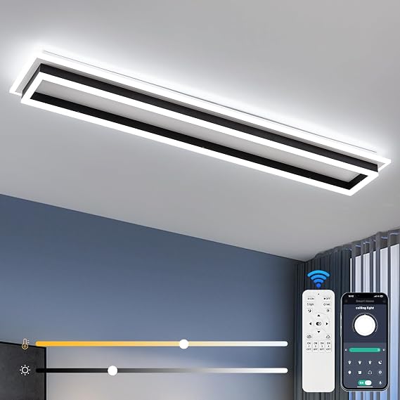 Dimmable Led Ceiling Light with Remote Control Modern Linear Flush Mount Ceiling Lighting Fixture Acrylic Long Ceiling Lamp for Living Room Kitchen Dining Room Hallway (Black,39.3inch)