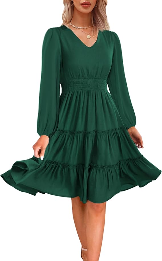 Zattcas Women 2026 Summer Dress V Neck Smocked Waist Casual Flowy A Line Tiered Work Knee Length Dresses