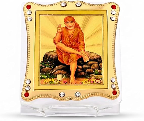 Gold Foil/Plated Lord Sai Baba Sitting on Stone Idol for Car Dashboard | Showpiece Decor, Multicolor, Small (MM541)