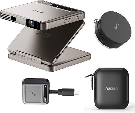 Aurzen ZIP Tri-Fold DLP Mini Projector + CastPlay Pro Dongle + MagPlay Mount + CasePlay, Portable Projector for Cookie, Art Tracing, Sewing, Travel, Gold