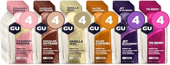 GU Energy Gel 24-Count Assorted Flavors and GU Energy Chews 12-Bag 24-Serving Variety Pack Bundle