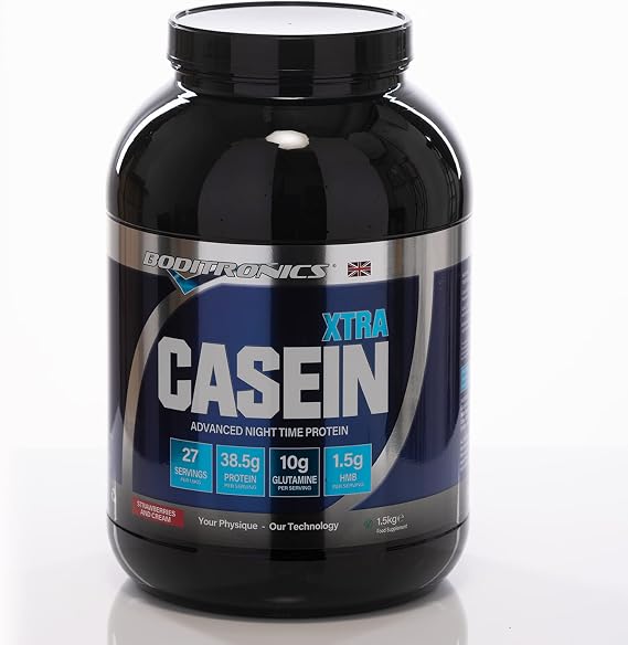 Boditronics 1.5kg Casein Xtra, Slow Release Protein Powder with Contains Micellar Casein Supplement Amino Acids, Glutamine Protein Shakes (Strawberries & Cream)