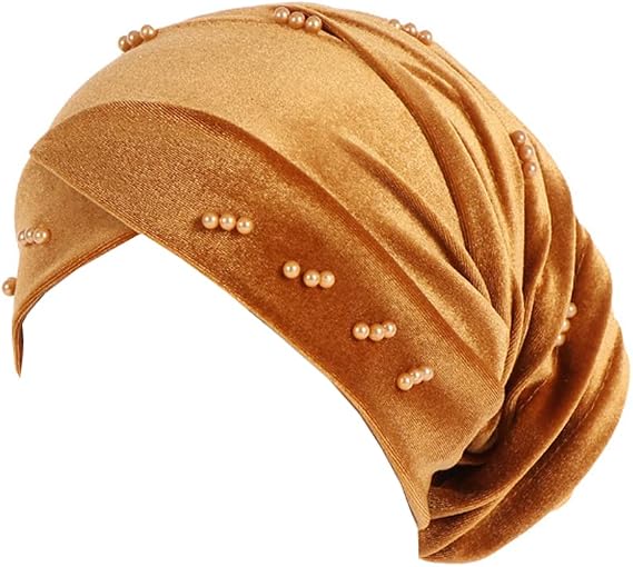 Turban Head Wrap Scarfs Velvet Pearl Headwear for Women Floral Beanie Cap Hair Cover Hat