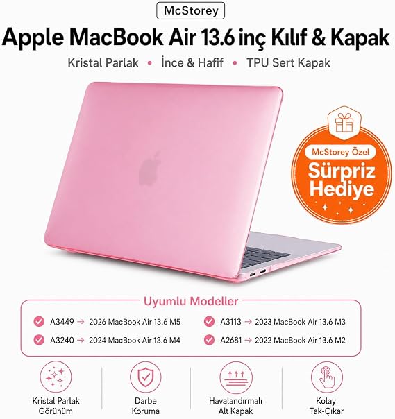 McStorey MacBook Air 13.6 inç M2 M3 M4 M5 Uyumlu Sert Kılıf | Ultra Şeffaf Hard Case – A2681 A3113 A3240 A3449 Tam Uyum İnce Hafif Koruma Açık Pembe