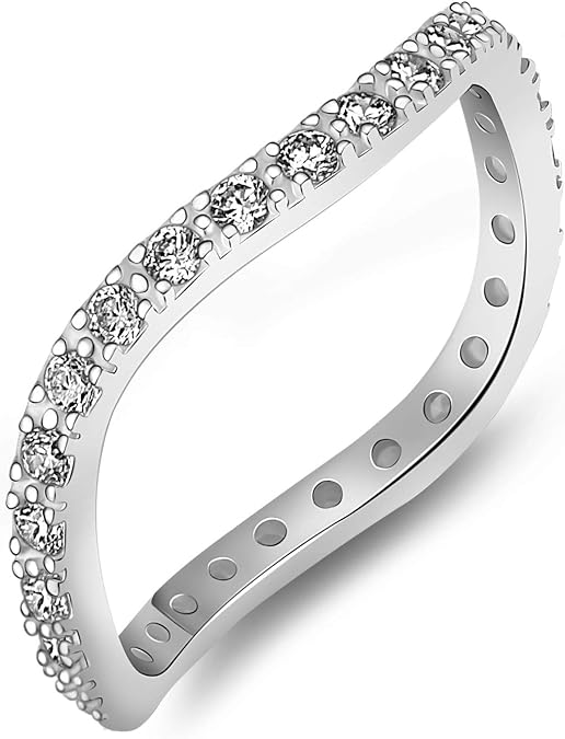 ELEGANZIA Wave Ring Sterling Silver for Women, Stackable Rings for Women Cubic Zirconia Stacking Rings Jewelry Anniversary Birthday for Her