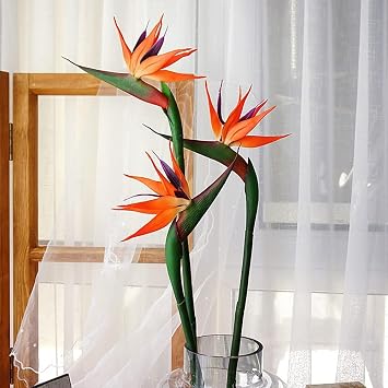 XIYUAN 4Pieces Bird of Paradise Permanent Flower UV Resistant No Fade Flower Made of Soft Rubber PU for DIY Home Artificial Flower Decor 32inch Large (Orange Red)