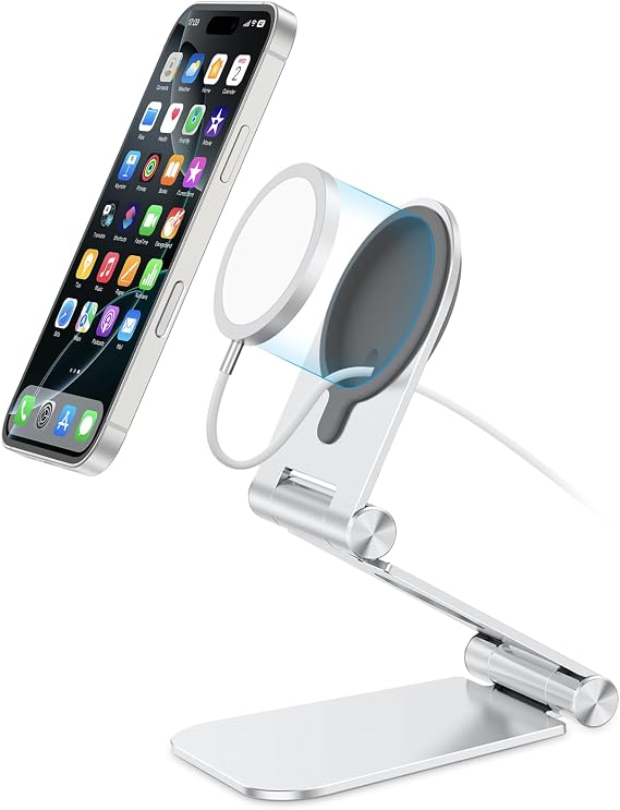 OMOTON MS02 Phone Stand for Magsafe Charger, Phone Holder for iPhone Silver | Stand Only - Charger Not Included. Foldable Aluminum Cell Phone Stand, 270 Adjustable angle For iPhone 17/16/15/14/13/12/Air