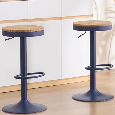 Kidol & Shellder Bar Stools Set of 2 Round Adjustable Swivel Barstools Modern Backless Bar Chairs Wooden Seat Counter Height Stools Armless for Kitchen Island, Cafe, Dining Room Blue