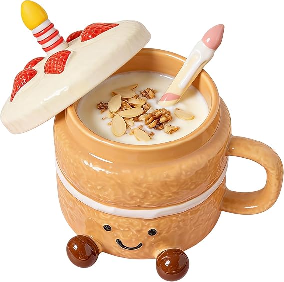 Funny Mugs,Ceramic 400ml with Lid Spoon Feet | Cake-Shaped Coffee Mugs Water Cup,for Women Girls Christmas Birthday Valentines Day Home Office Cafe Water Tea Milk