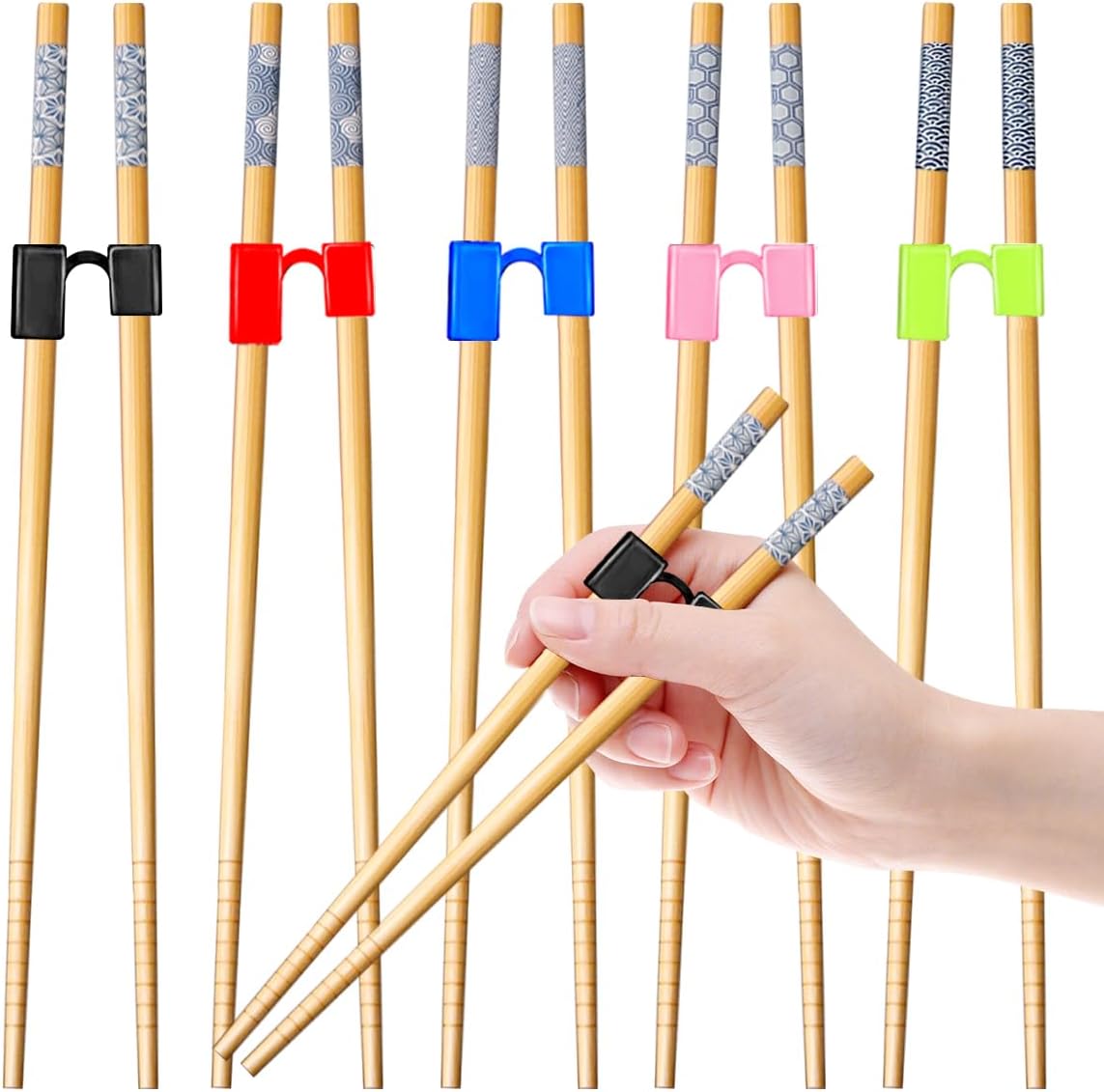 Training Chopsticks Set, 5 Pairs with Helpers, Wooden Reusable Chopsticks for Beginners, 8.86 Inches 2.Japanese pattern B