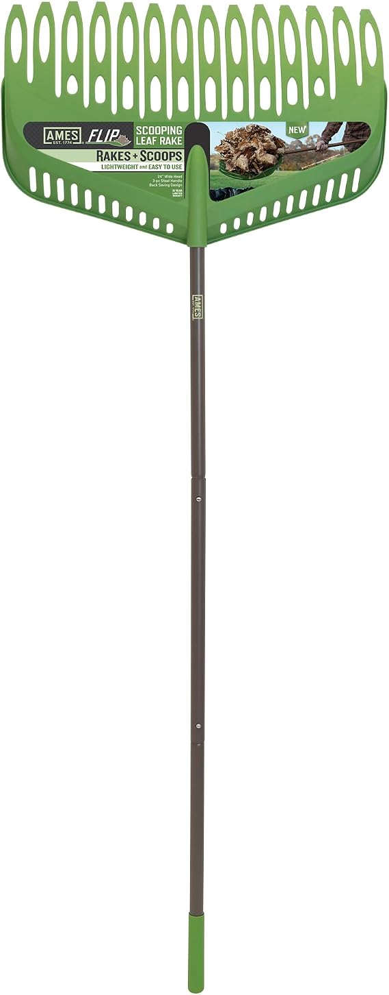 Flip Scooping Leaf Rake, Heavy Duty Lawn and Yard Care, Extra Wide Head, Green
