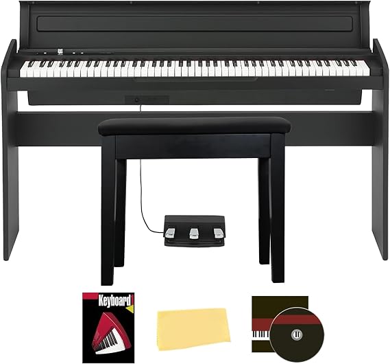 Korg LP-180 Digital Piano - Black Bundle with Furniture Bench, Instructional Book, Austin Bazaar Instructional DVD, and Polishing Cloth