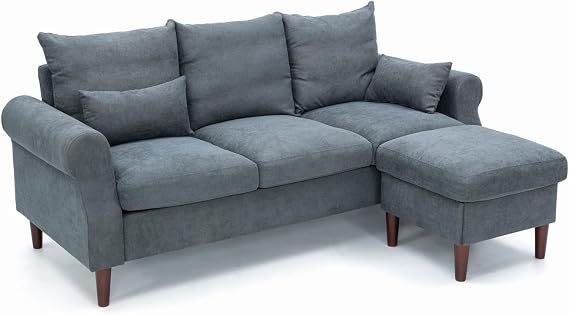 Panana Sectional Sofa Modern Deep 3-Seat Sofa Couch with Ottoman, Upholstered Furniture for Living Room, Apartment, Studio, Office (Grey Linen, Rolled Arms)