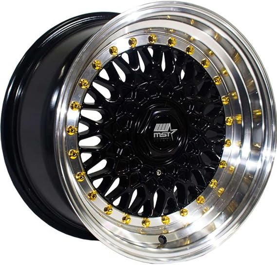 MT13 16x8.0 4x100/4x114.3 20 ET 73.1 CB Black Machined Lip Gold Rivets Wheel by MST