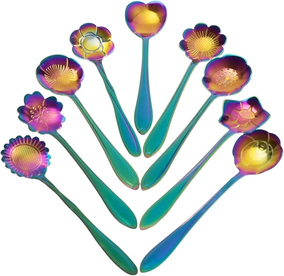 9-Piece Rainbow Flower Spoon Set - Stainless Steel Reusable Teaspoons for Coffee, Tea, Milkshake Jam, and Dessert Mixing in Unique Patterns