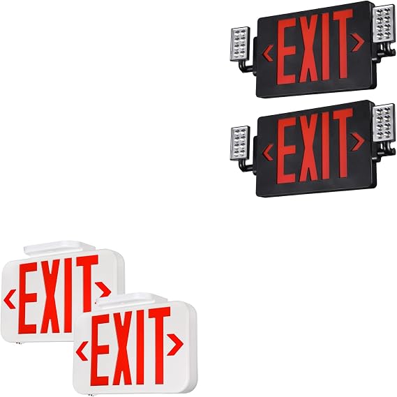TORCHSTAR 2-Pack LED Exit Sign with Battery Backup, Double Face, UL 924, AC 120/277V, White Bundle 2-Pack LED Exit Sign with Emergency Lights, UL&FCC Listed, Two Adjustable Heads, AC 120-277V, Black