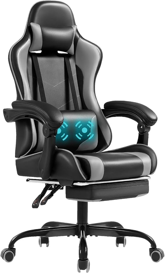 Shahoo Gaming Chair with Footrest and Massage Lumbar Support, Video Racing Seat Height Adjustable with 360Swivel and Headrest for Office or Bedroom, Grey