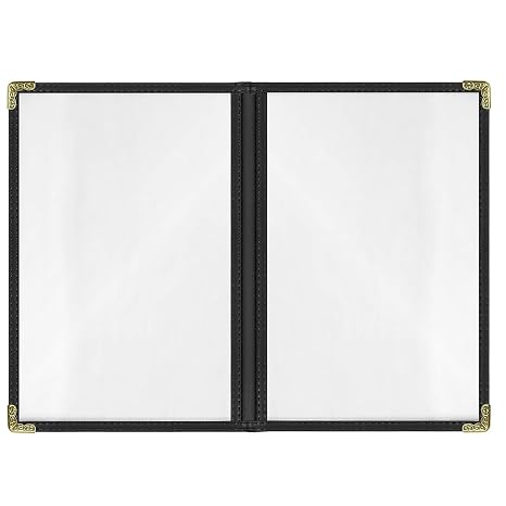 Menu Covers 5.5"x8.5" 25 Pack - Black 2-Page 4-View Side-Loading Metal Corners for Restaurants