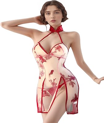 Sexy High Slit Lingerie for Women Chinese Cheongsam Exotic Nightgowns Sleeveless Sheer Backless Embroidered Print Bodysuit Wedding Honeymoon Nights