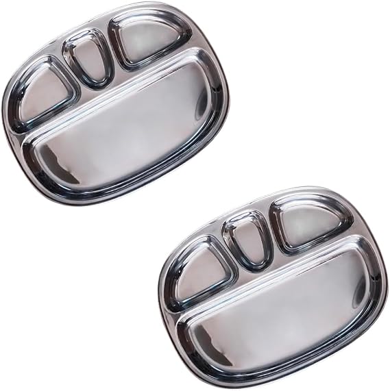 Satre Online And Marketing Stainless Steel Oval Shaped 4 Compartment Dinner Plate set of 2, Compartment Plate 4 In 1 Set Of 2,Pav Bhaji Plate Set of 2