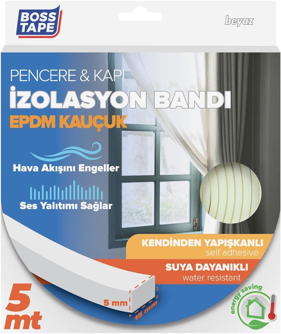 Boss Tape EPDM Kauçuk Pencere Kapi Izolasyon Bandi, 5mm X 15mm X 5mt Boyut, Beyaz