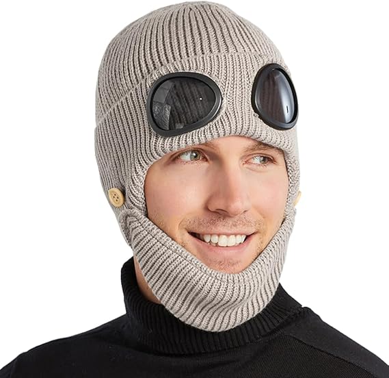 Unisex Knitted Goggles Beanie - 3 in 1 Winter Warm Outdoor Sports Fashion Aviator Hat with Face Mask & Ear Cover Khaki