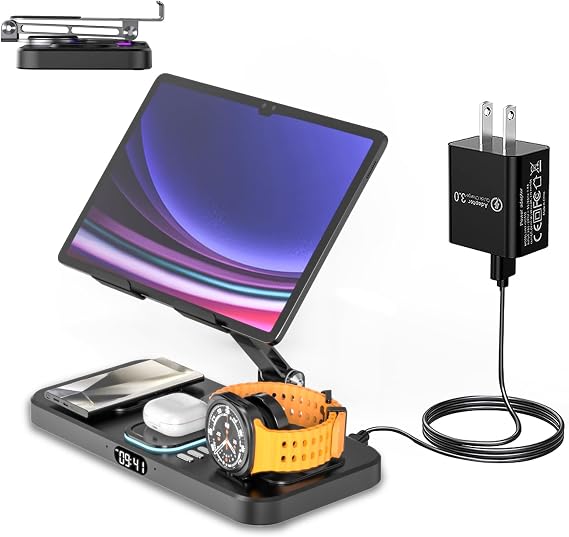 Magnetic 6 in 1 Wireless Charging Station for Samsung Clock,Foldable Stand Charger Dock for Galaxy S25/S24/S23/Note 20/Fold7/Flip7/Galaxy Watch 8/7/6/5 Pro/Ultra/Galaxy Buds/iPad/Tablet Holder (Black)