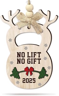 Weight Lifting Ornament 2025 - Funny Fitness Christmas Tree Decoration, Jingle Kettlebell 2-Layer Wood Ornament, Holiday Gym Gift for Men & Women, No Lift No Gift Workout Decor