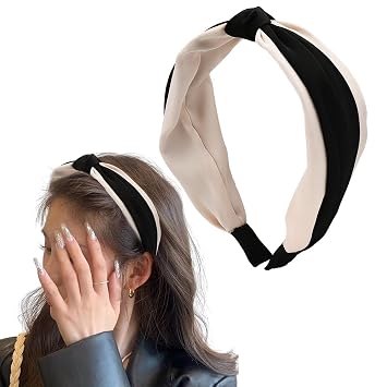 Silk Knotted Headbands for Women Non Slip Silky Satin Headband Hairband Black Thick Wide Headbands Head Bands for Womens Hair No Damage Comfortable Top Knot Twist Headband French Hair Accessories