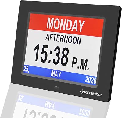 Exmate Digital Calendar Alarm Day Clock, 8 Day Clock Calendar Large Screen Display, with 13 Alarm Options Snooze Function for Elderly, Visual Impairment, Dementia, Memory Loss