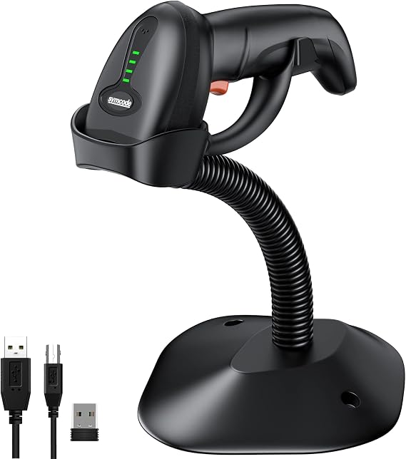 Upgraded Wireless 2D Barcode Scanner with Auto-Sensing Stand,Putting on Stand to Scan Automatically Sense Scanning Bluetooth Barcode Scanner with Battery Level Indicator More-to-one Mode