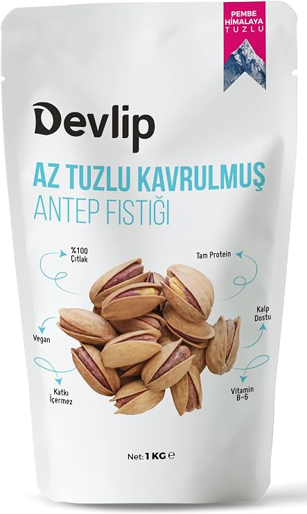 Devlip Pembe Himalaya AZ TUZLU Kavrulmuş Antep Fıstığı, 1 KG, Kilitli (Aç-Kapa) Ambalaj, Vegan,%100 Çıtlak