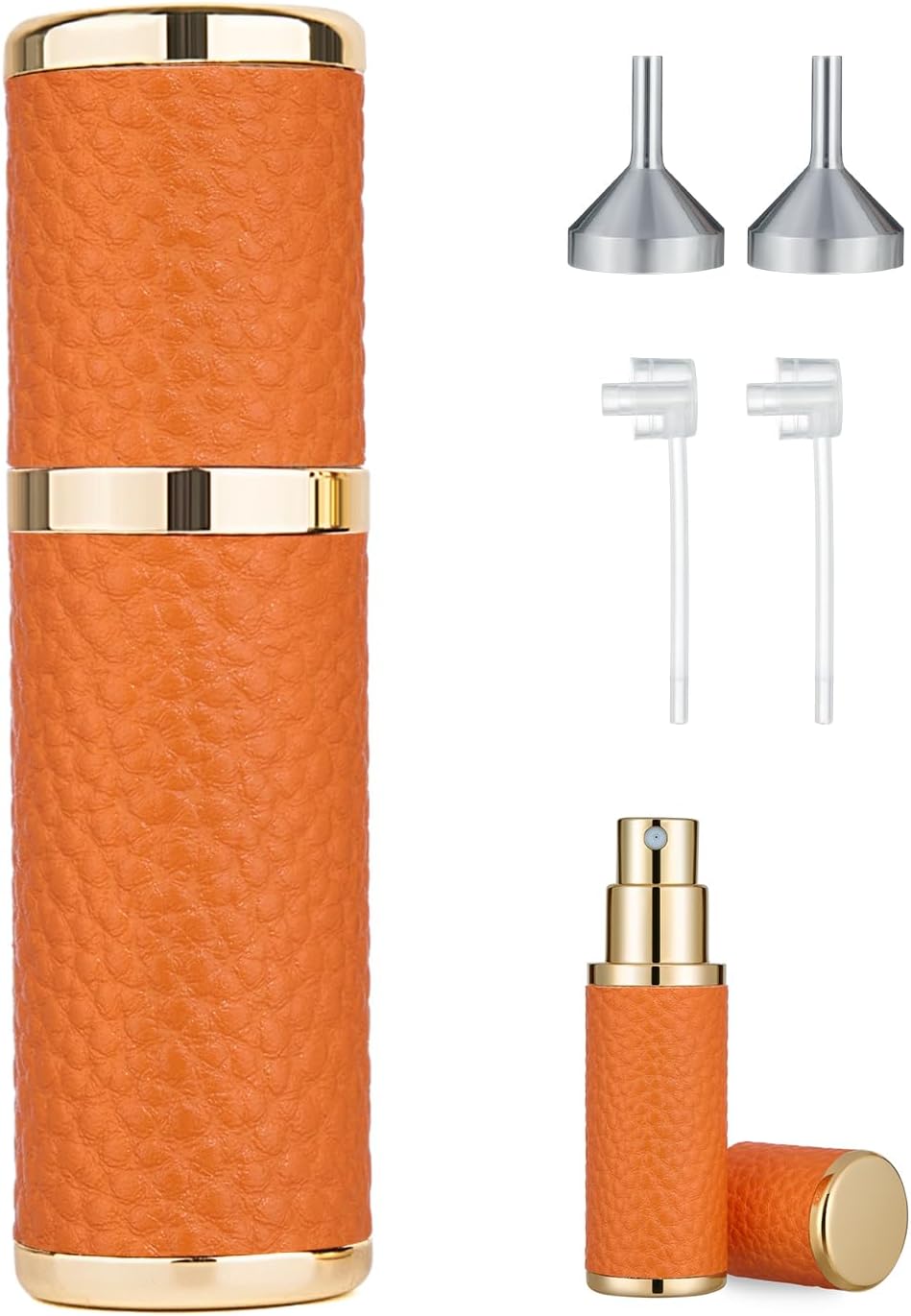 Portable Mini Perfume Refillable Bottle, 5ml Leather Material Travel Atomizador, Fine Mist Refillable Cologne Dispenser Sprayer, With Funnel And Perfume Diffuser Tool For Women&Men Orange