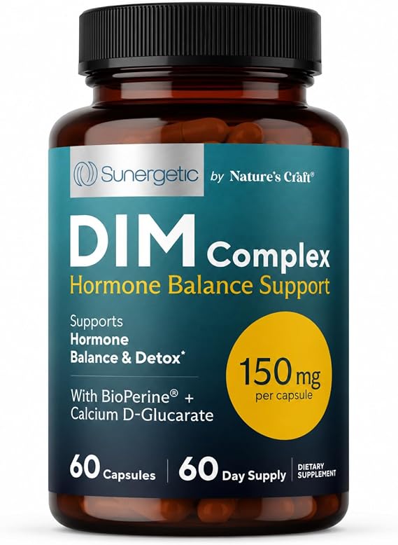 Sunergetic Premium DIM Supplement 150mg diindolylmethane, Broccoli, Calcium D-Glucarate & Bioperine for Men & Women DIM Complex for Menopause Support & Balance - 60 Capsules