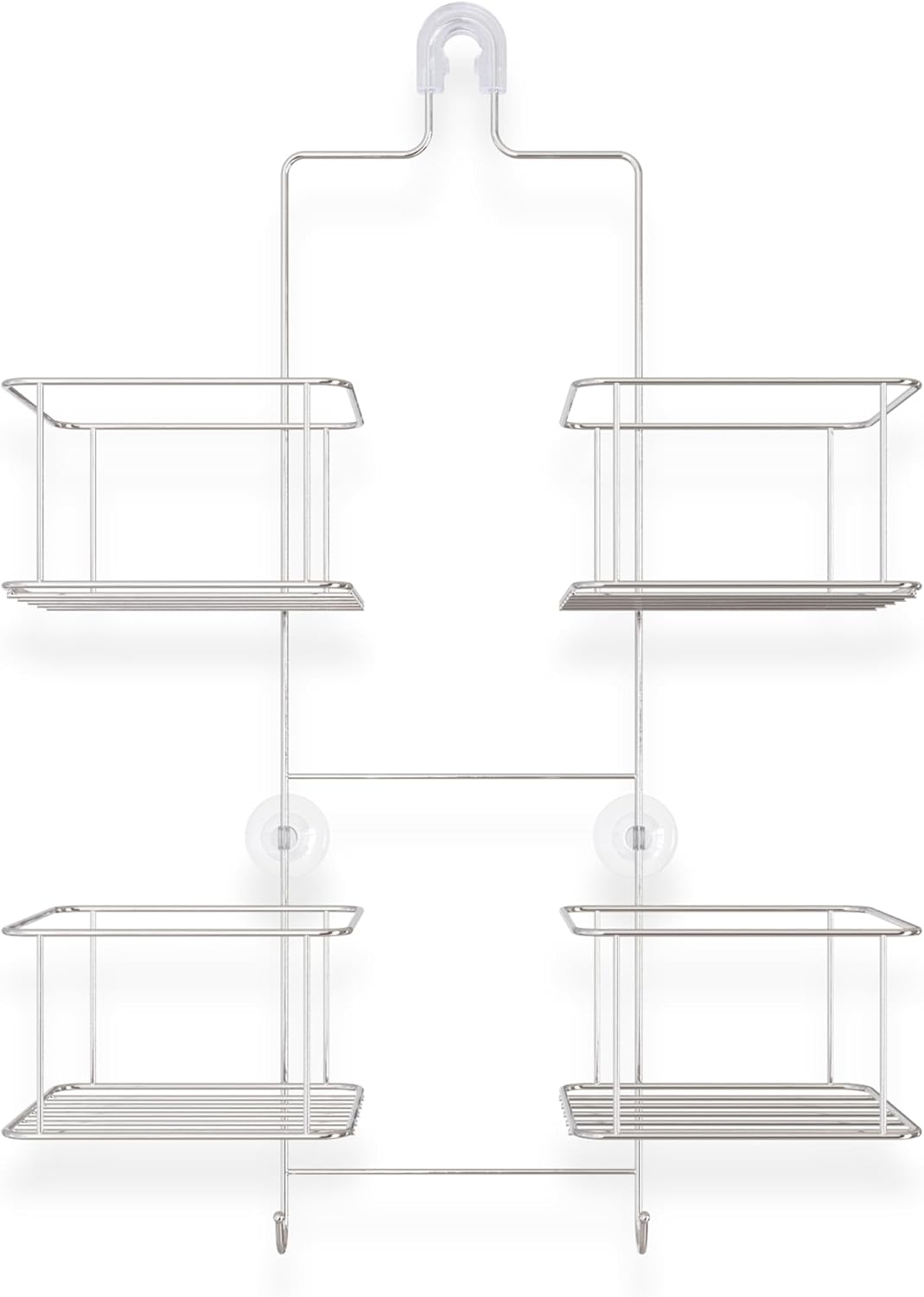 Better Living Eclipse Hose Keeper Shower Caddy, Hanging Over Handheld Shower Head Organizer with 4 Large Baskets for Shampoo, Soap, and Built-in Storage Hooks, No Drilling, Suction, Chrome