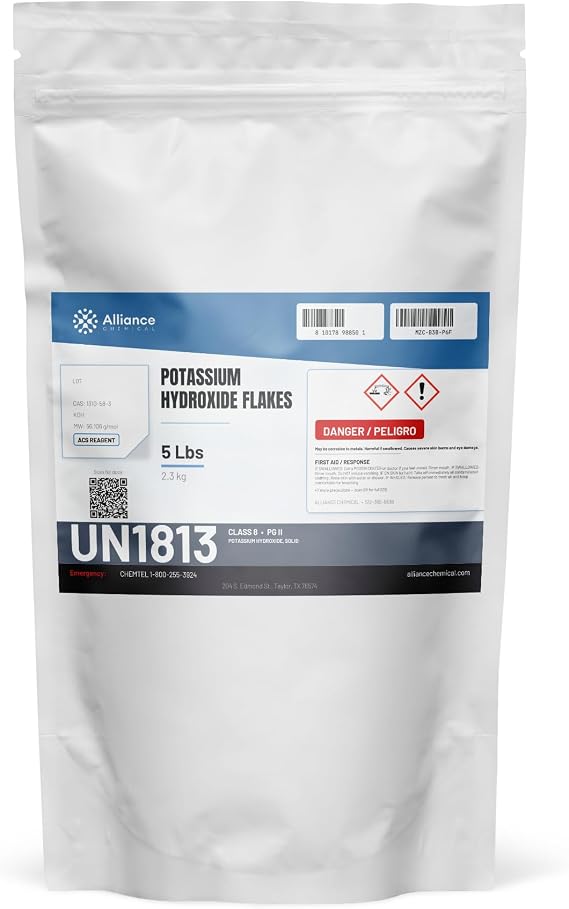 Alliance Chemical Potassium Hydroxide Flakes ACS Grade - 5 lbs - Caustic Lye Flakes for Titrations, Lab-Grade Base - 90% Purity