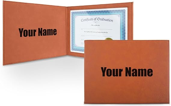 Personalized Block Name Leatherette Certificate Holder - Front and Inside