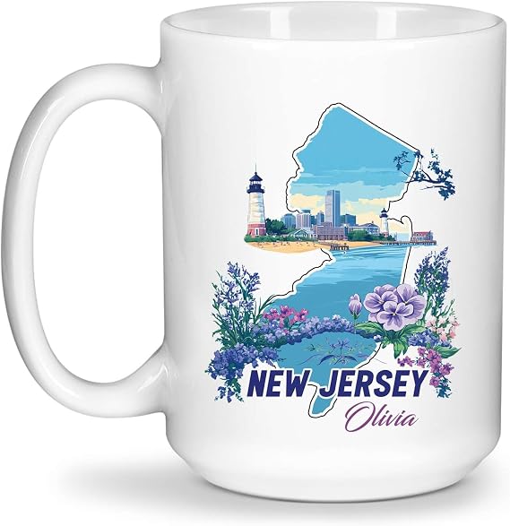 Personalized New Jersey Scenic Ceramic Mug, 15oz, White, Custom Name, Lighthouse, Nature, Hot Drink Cup