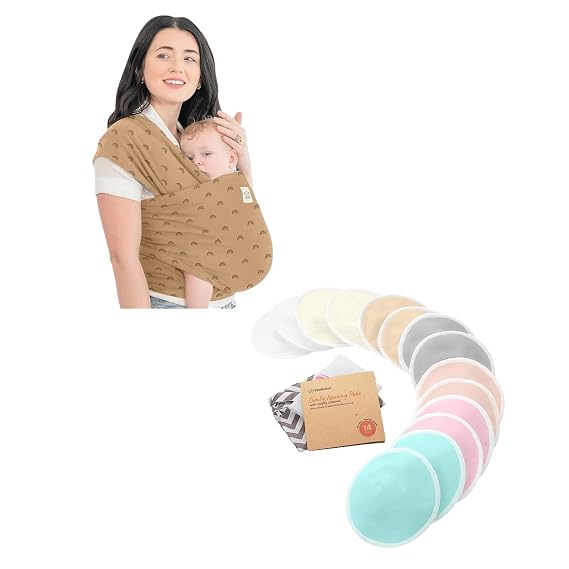 KeaBabies Baby Wrap Carrier and Reusable Nursing Pads - All in 1 Original Breathable Baby Sling, Hands Free Baby Carrier Sling - 14 Washable Breastfeeding Pads + Wash Bag, Nipple Pads