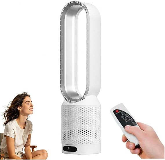 Coollyxi Bladeless Fan, Ultra-quiet Coollyxi Cooling Fan, 8 Speeds Wind Adjustment, Wide-Angle Airflow, Sleep Timer, Energy-Saving Tower Fan with Air Purifier and Remote Control (Sliver)