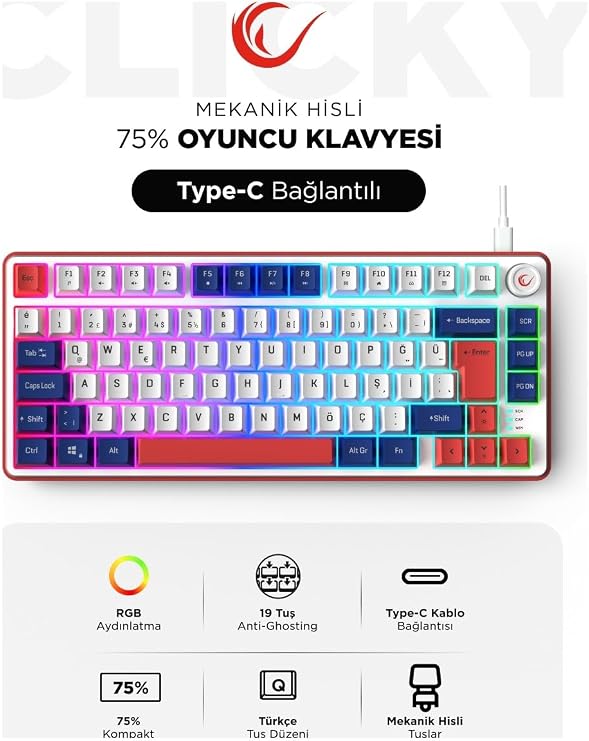 Clicky 75 Beyaz/lacivert/kırmızı Mekanik Hisli Rgb Q Membrane Oyuncu Klavyesi