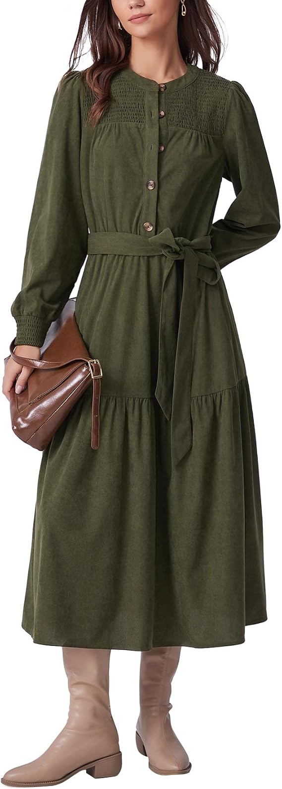 Kedera Elegant Corduroy Dress Women Long Sleeve Button Down Spring Shirt Long Maxi Dress with Belt