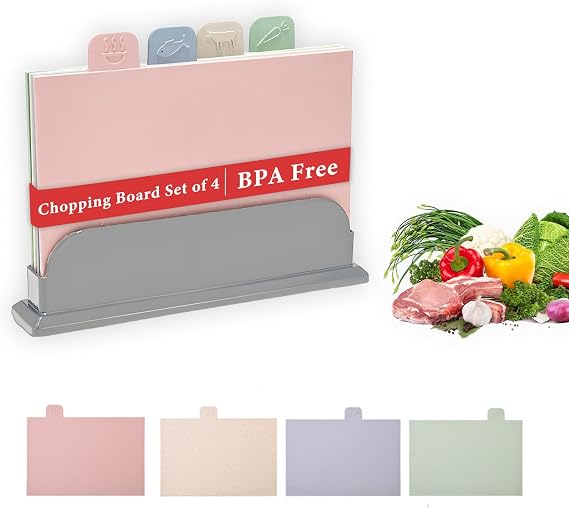 Chopping Boards Set 4-Pcs Colour Coded Plastic with Stand