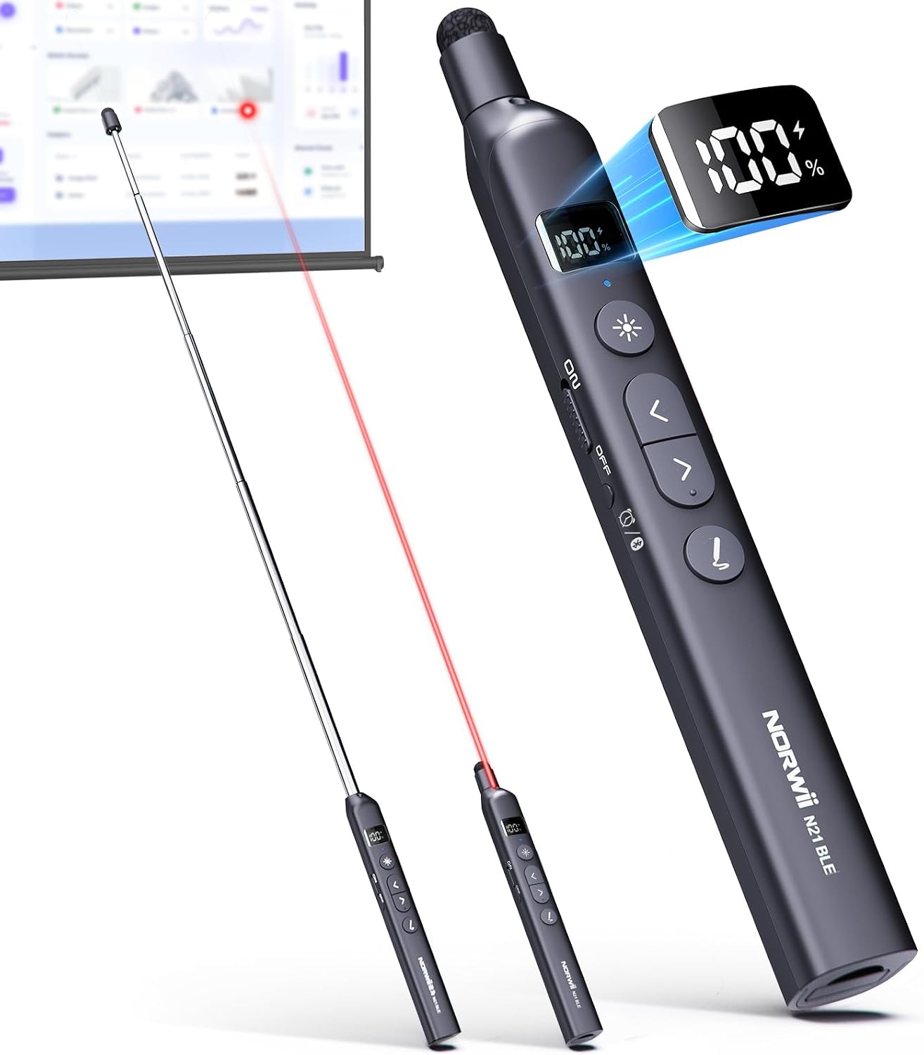 Norwii N21 Bluetooth Presentation Clicker with Telescopic Teaching Pointer Presentation Remote Control with Extendable Stick for PowerPoint Wireless Presenter Foil Changer - Black