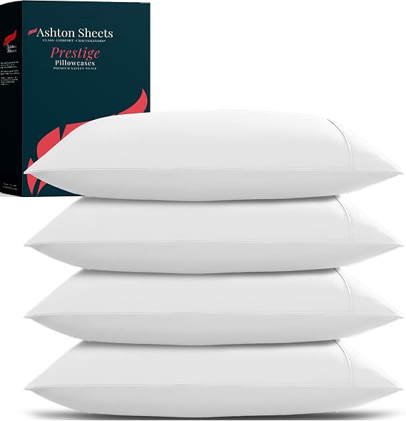 100% Egyptian Cotton Pillow Cases Standard/Queen Size Set of 4 - Luxury 1500 Series Prestige Collection Sateen Pillow Cases (White), Soft Pillowcases Fits Standard & Queen Size Pillows