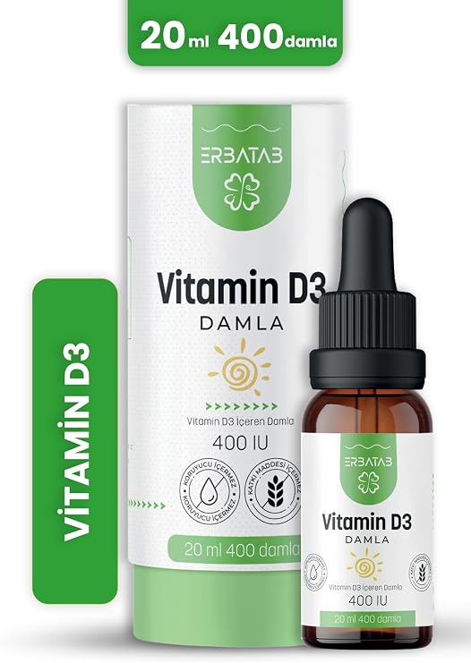 Erbatab D3 Vitamini Damla Çocuklar İçin 400 IU Kids D Vitamini Takviyesi - Zeytinyağlı Şekersiz Takviye Edici Gıda 20 ml 400 Damla
