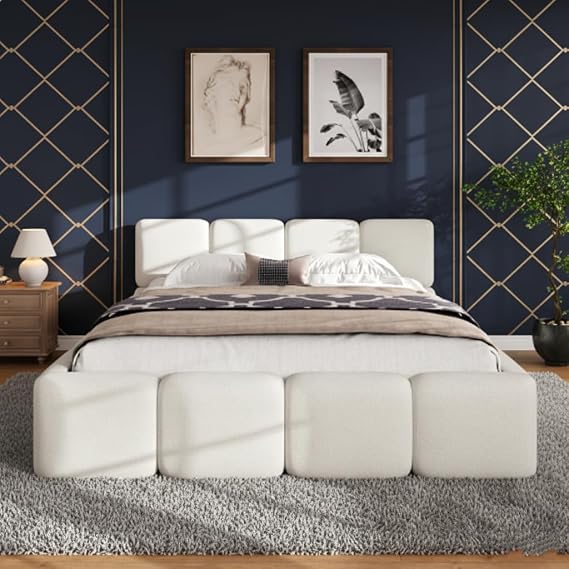 SOFTSEA Queen Size Platform Bed, Upholstery Grounded Bed Frame with Thick Headboard and Footboard, No Spring Box Needed, White
