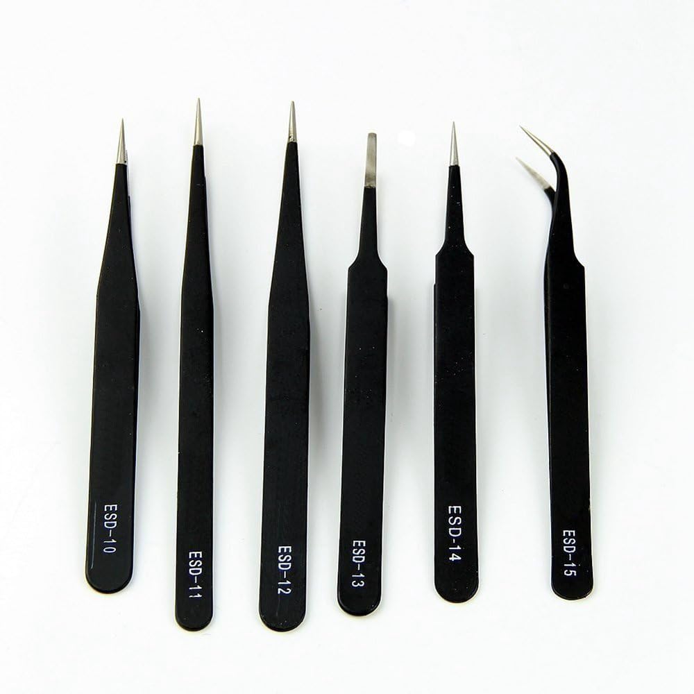 6PCS Precision Tweezers Set, ESD Tweezers Set, Anti-Static Stainless Steel Tweezers, Non-Magnetic Curved Tweezers Set, Electronics Tweezers Kit for Jewelry, Craft, Electronics