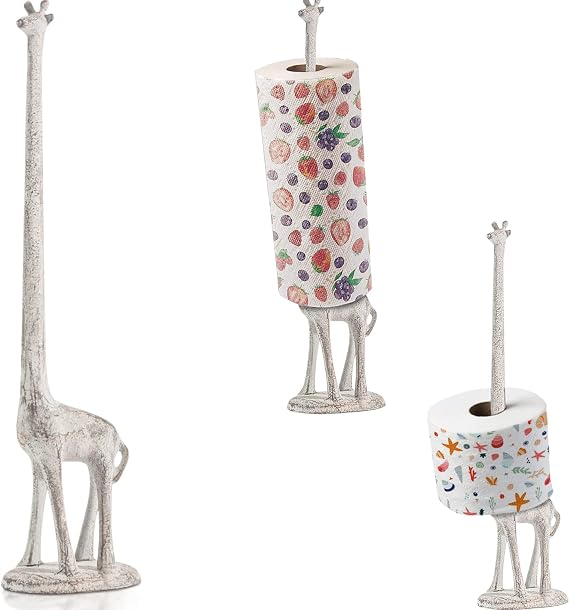 Comfify Antique White Giraffe Paper Towel & Toilet Paper Stand 18.9" | Antique White; cast iron; 18.9"H; holds 3-4 toilet paper rolls on neck; for TP stand or paper towel holder; freestanding